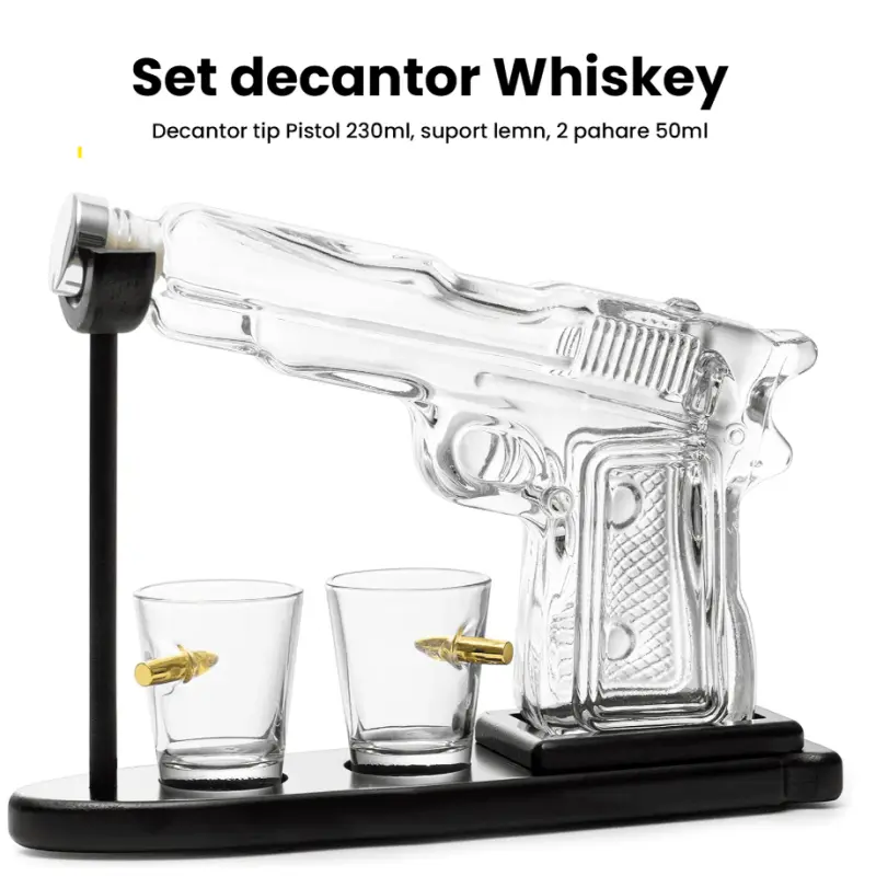 Sticla pistol, suport lemn cu 2 pahare